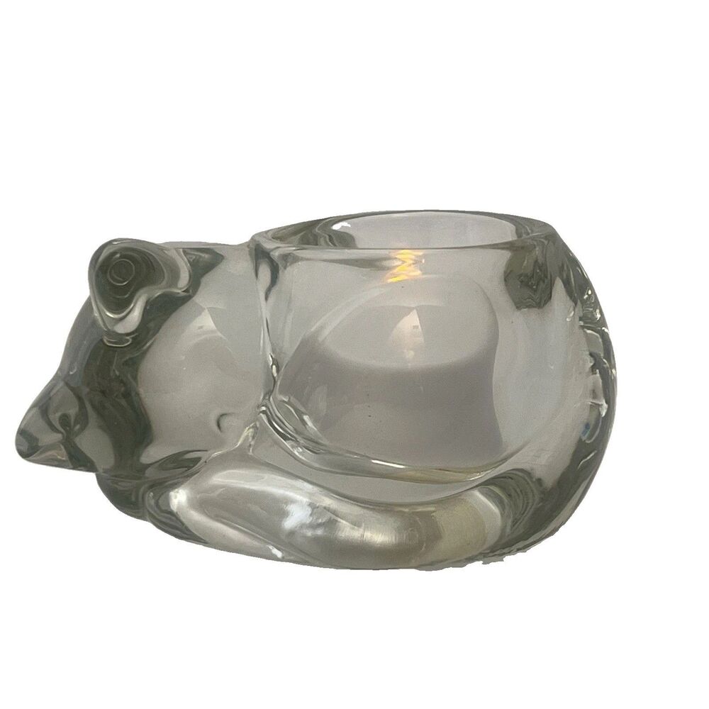 VTG Indiana Glass Clear Crystal Sleeping Cat Votive Tealight Candle Holder Kitty